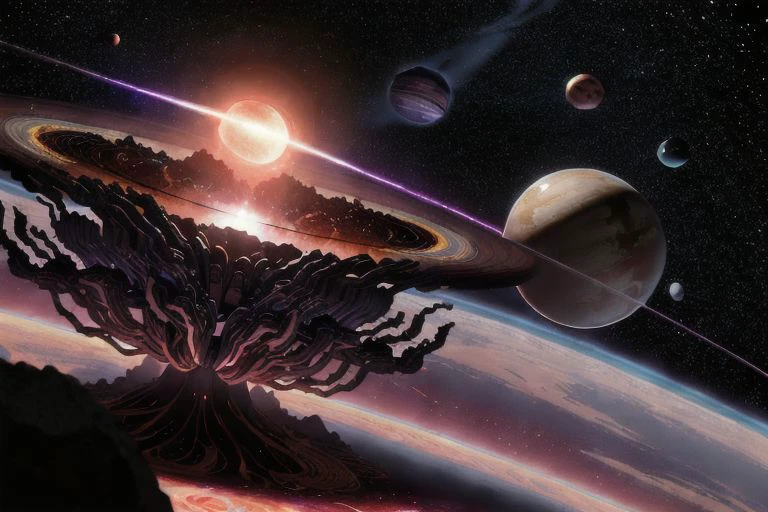 Cosmic Carnage: Illustrate an otherworldly scene of destruction with a massive cosmic entity devouring planets, radiating chaotic energy, and heralding the apocalypse. Incorporate intricate details and vibrant, contrasting colors ,pen drawn, extreme detail, watercolor,, extreme detail, fill frame completely, full color, 32k UHD , hyper realistic , raytracing, DLSS 3.5, photo real, 35mm, hyper detail, 32k render, raytracing,