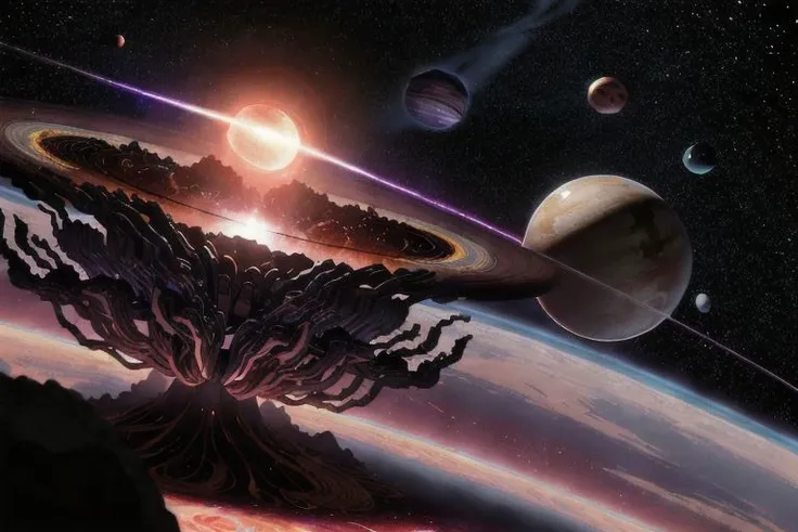 Cosmic Carnage: Illustrate an otherworldly scene of destruction with a massive cosmic entity devouring planets, radiating chaotic energy, and heralding the apocalypse. Incorporate intricate details and vibrant, contrasting colors ,pen drawn, extreme detail, watercolor,, extreme detail, fill frame completely, full color, 32k UHD , hyper realistic , raytracing, DLSS 3.5, photo real, 35mm, hyper detail, 32k render, raytracing,