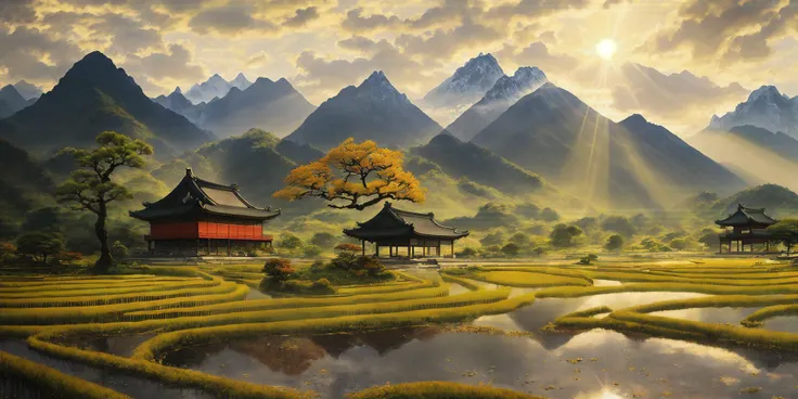 oil painting, (highly detailed:1.4), best quality, masterpiece , mountains, clouds, sunrays, chinese style, architectures, rice fields, farm, trees, spring, Bonsai