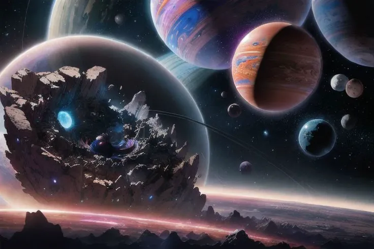 Cosmic Carnage: Illustrate an otherworldly scene of destruction with a massive cosmic entity devouring planets, radiating chaotic energy, and heralding the apocalypse. Incorporate intricate details and vibrant, contrasting colors ,pen drawn, extreme detail, watercolor,, extreme detail, fill frame completely, full color, 32k UHD , hyper realistic , raytracing, DLSS 3.5, photo real, 35mm, hyper detail, 32k render, raytracing,