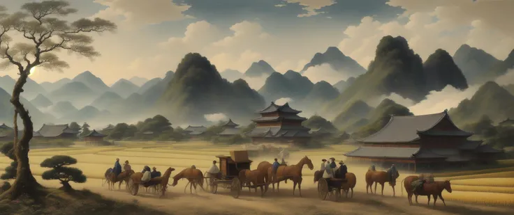 oil painting, (highly detailed:1.4), best quality, masterpiece , mountains, clouds, sunrays, chinese style, architectures, rice fields, farm, trees, spring, Bonsai, cliffs, farm workers with straw hats, flying cranes