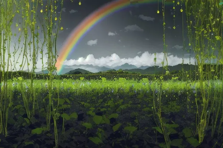 Fantastic landscape, asymmetry, arrange objects in the frame randomly, bizarre, incredible interweaving of flowers on long stems, cinematografy quality, plants not found on Earth or in the ocean, heavy greenish drops, glowing buds, vines of all colors of the rainbow, perspective stretching into the distance, high contrast, highest detail
