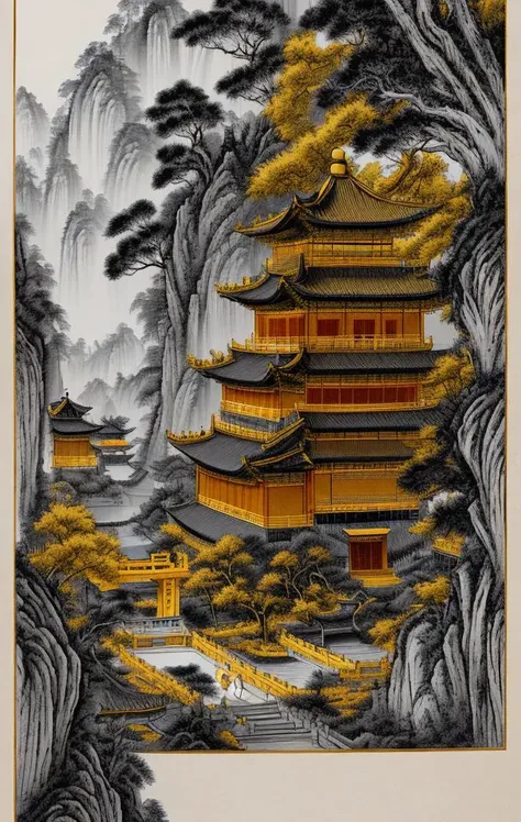 ancient chinese style landscape painting, yellow paper color, painted with black and white ink, extremely sharp old paper detail, high paper detail, high line detail, high resolution, ultra high quality, raw, 8k image, extremely high color detail