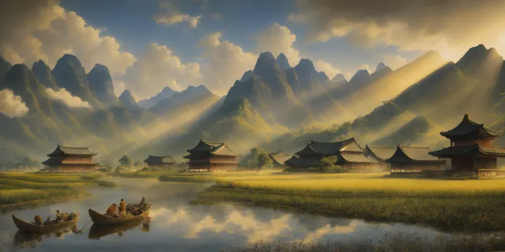 oil painting, (highly detailed:1.4), best quality, masterpiece , mountains, clouds, sunrays, chinese style, architectures, rice fields, farm