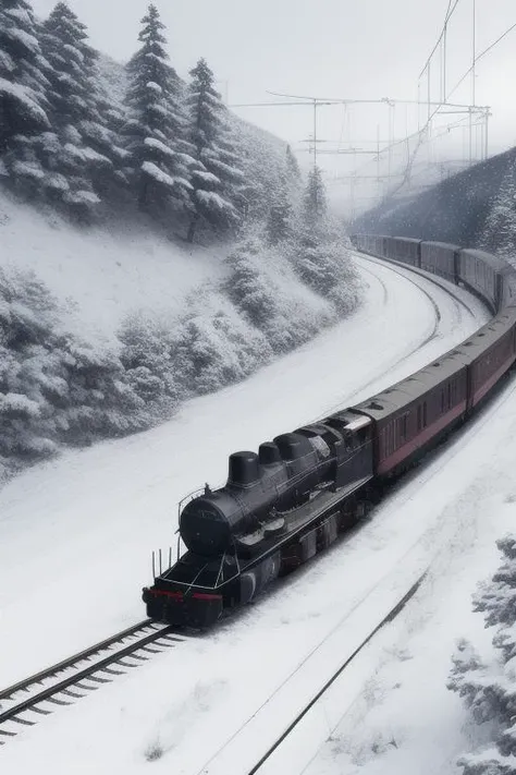 There is a train running along the tracks in the snow, Makoto Shinkai&