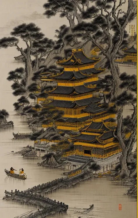 ancient chinese style landscape painting, yellow paper color, painted with black and white ink, extremely sharp old paper detail, high paper detail, high line detail, high resolution, ultra high quality, raw, 8k image, extremely high color detail