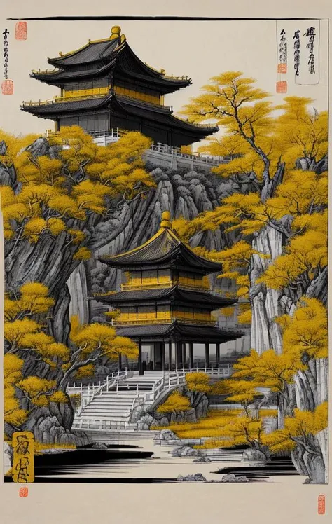 ancient chinese style landscape painting, yellow paper color, painted with black and white ink, extremely sharp old paper detail, high paper detail, high line detail, high resolution, ultra high quality, raw, 8k image, extremely high color detail