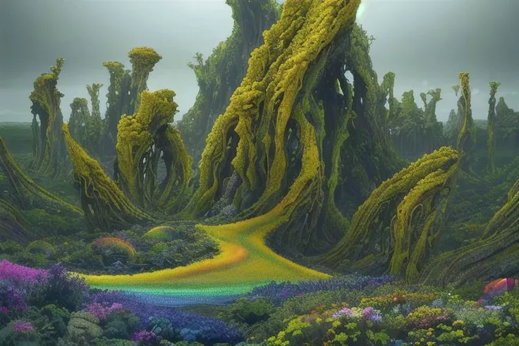 Fantastic landscape, alien landscape, asymmetry, arrange objects in the frame randomly, bizarre, incredible interweaving of flowers on long stems, cinematografy quality, plants not found on Earth or in the ocean, heavy greenish drops, glowing buds, vines of all colors of the rainbow, perspective stretching into the distance, high contrast, highest detail