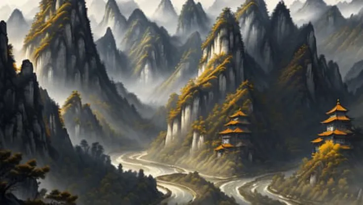 ancient chinese style landscape painting, mountains in front, beautiful winding green river behind, extremely sharp old paper detail, high paper detail, high line detail, high resolution, ultra high quality, raw, 8k image, extremely high color detail, intricate, epic composition, cinematic lighting, masterpiece, bold complimentary colors. stunning masterfully illustrated by artgerm and range chinese style landscape painting, yellow paper color, painted with black and white ink, extremely sharp old paper detail, high paper detail, high line detail, high resolution, ultra high quality, raw, 8k image, extremely high color detail, intricate, epic composition, cinematic lighting, masterpiece, Artstation, Sergey Svistunov, hyperrealistic <lora:cheeseDaddysLandscapes_35:0.2>