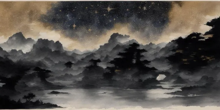 absurdres,gold background,<lora:add_detail:1>,background details,anime,landscape,starry sky,phantom,((wash painting)),((ink s...)),china,meditation,zen,