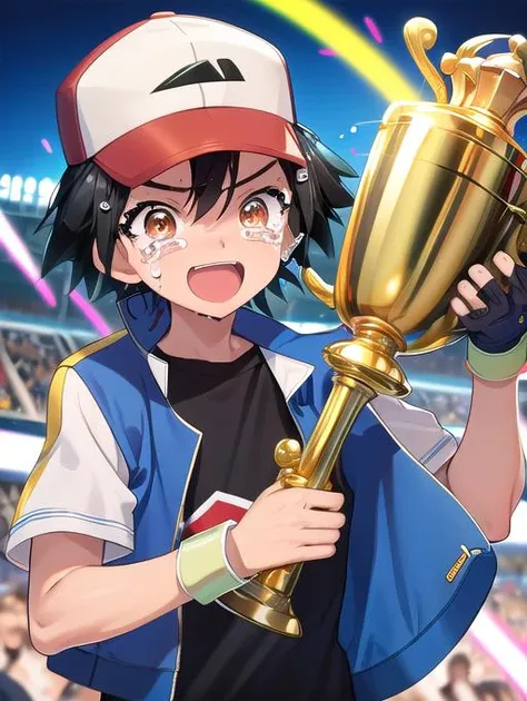 best quality, masterpiece, highres, detailed, digital artwork, <lora:Detail - add_detail:0.2>, TrophyHold,  <lyco:Action - TrophyHold:0.8>, holding trophy, excited, tears of joy,  <lora:Character - AshOG:0.7>, OGAshK, black hair, brown eyes, baseball cap, black shirt, blue and white jacket, 1boy,