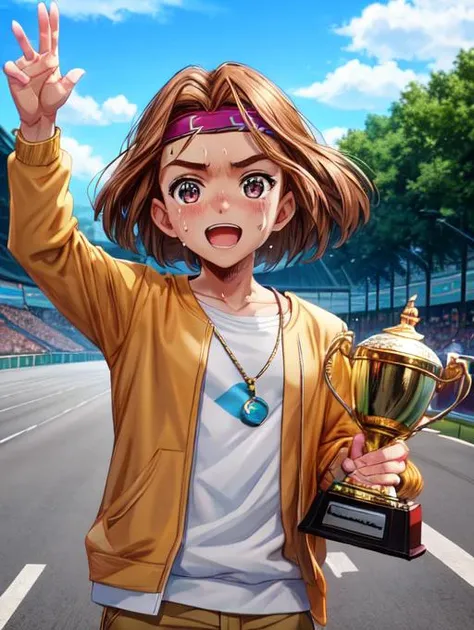 best quality, masterpiece, highres, detailed, digital artwork, <lora:Detail - add_detail:0.2>, TrophyHold,  <lyco:Action - TrophyHold:0.8>, holding trophy, outdoors, sweating, race,  <lora:Character - JoJoHayato:0.7>, JojoHayato, headband, brown hair, ^_^, white sweatshirt, male child, happy, jojo pose,