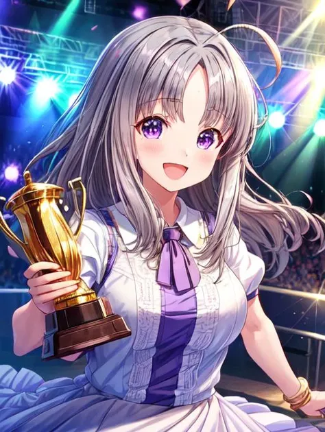 best quality, masterpiece, highres, detailed, digital artwork, <lora:Detail - add_detail:0.2>, TrophyHold,  <lyco:Action - TrophyHold:0.8>, holding trophy, excited, school, stage, gym, <lora:Character - KiraSayuri:0.8>, KiraSayuri, purple eyes, grey hair, ahoge, formal, fancy dress, upper body, split bangs, forehead