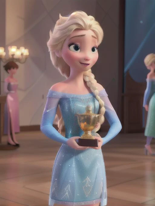 best quality, masterpiece, highres, detailed, digital artwork, <lora:Detail - add_detail:0.2>, TrophyHold, <lyco:Action - TrophyHold:0.8>, holding trophy, excited, studio lights, sparkling dress, <lora:Character - Elsa-04:0.7>, elsa, blue dress, fashion show, walkway, upper body,