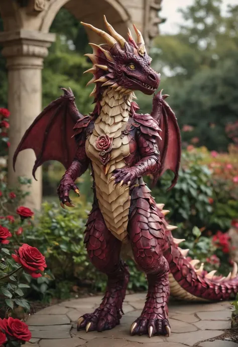 realistic photography of a magical furrydragoncos with burgundy scales, full body, fantastical rose garden in background, intricate details, fantasy art concept, whimsical, ultra sharp, masterwork, best quality, realism, <lora:FurryDragonCos_SDXL:0.8>