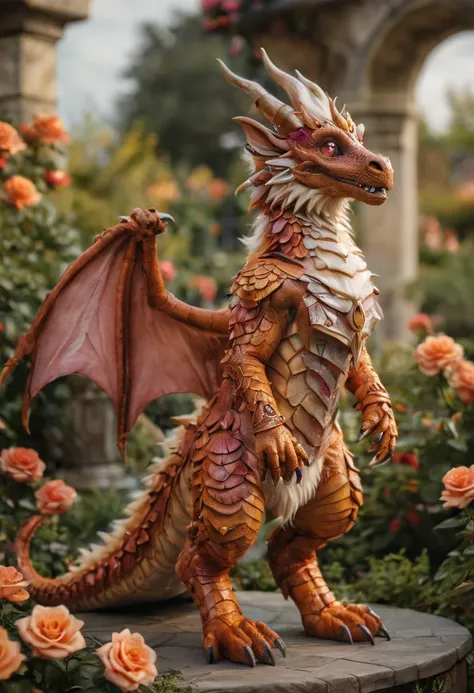 realistic photography of a magical furrydragoncos with topaz fur, full body, fantastical rose garden in background, intricate details, fantasy art concept, whimsical, ultra sharp, masterwork, best quality, realism, <lora:FurryDragonCos_SDXL:0.8>