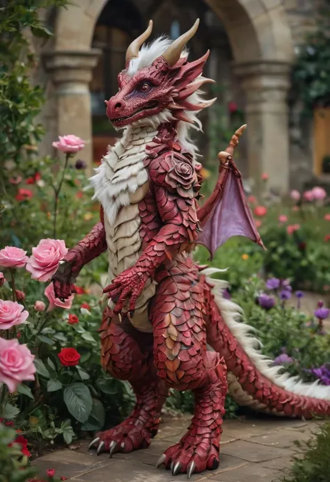 realistic photography of a magical furrydragoncos with thistle fur, full body, fantastical rose garden in background, intricate details, fantasy art concept, whimsical, ultra sharp, masterwork, best quality, realism, <lora:FurryDragonCos_SDXL:0.8>