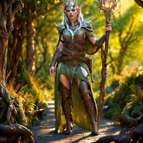 (masterpiece:1.2), (best quality,:1.2), 8k, HDR, ultra detailed, ((photorealistic)), professional light, cinematic lighting, fashion photography, ambient lighting, atmospheric effects, <lora:detail_slider_v4:3>, OverallDetail, Brooke, <lora:Brooke-10:1>, as a woodelf warrior, wearing intricate elven leather and chainmail armor, belt, cape, holding a staff, ((full body shot)), ElAr, <lora:ElvenArmor-10:0.6>, standing in a woodelf settlement in the forest, <lora:WoodElf-10:0.9>, in the style of Tolkien, Middle Earth, Lothlorien, epiCPhoto