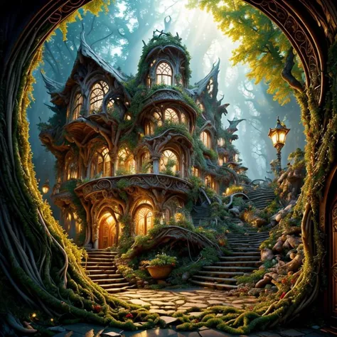 (masterpiece:1.2), (best quality,:1.2), 8k, HDR, ultra detailed, ((photorealistic)), professional light, cinematic lighting, fashion photography, ambient lighting, atmospheric effects, <lora:detail_slider_v4:3>, OverallDetail, a highly detailed WoodElf fantasy settlement on a hill in a sinister forest, <lora:WoodElf-10:1>, epiCPhoto