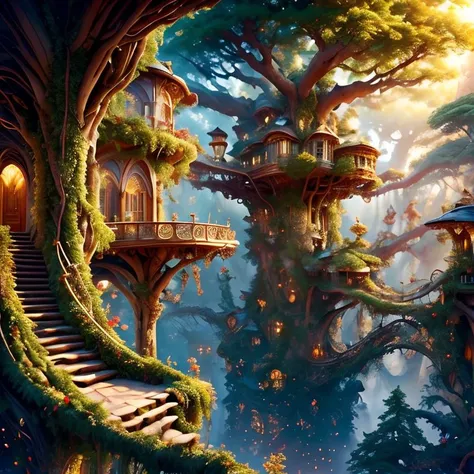 (masterpiece:1.2), (best quality,:1.2), 8k, HDR, ultra detailed, ((photorealistic)), professional light, cinematic lighting, fashion photography, ambient lighting, atmospheric effects, <lora:detail_slider_v4:3>, OverallDetail, a highly detailed WoodElf fantasy settlement, many high trees with platforms, connected by bridges, forest, walls, <lora:WoodElf-10:1>,  style-sylvamagic, epiCPhoto,