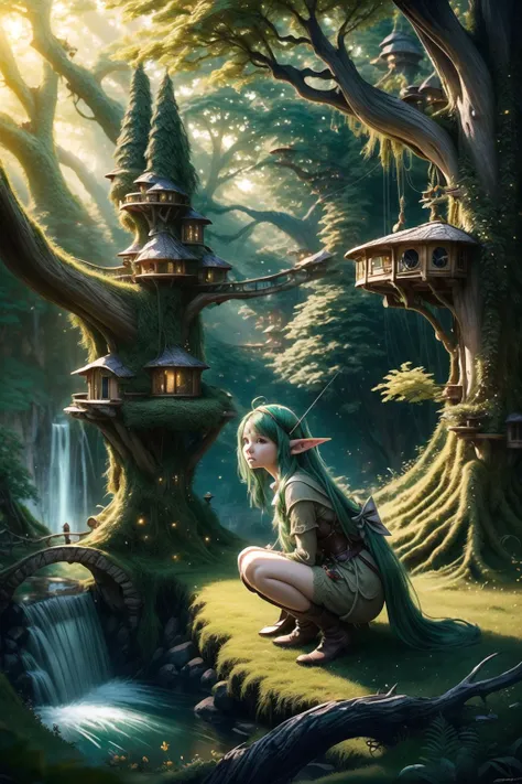 looking at viewer, <lora:add_sharpness:1>, <lora:WoodElf:1> WoodElf, fantasy settlement, high trees, small tree houses, suspended bridges, forest, waterfall, (elf girl, pointy ears, sheer clothing, green hair, long hair, archer, bow, quiver, slender):2, best quality, masterpiece, <lora:more_details:0.65>, 1girl, solo, crouching