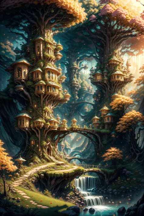 looking at viewer, <lora:add_sharpness:1>, <lora:WoodElf:1> WoodElf, fantasy settlement, high trees, small tree houses, suspended bridges, forest, waterfall, best quality, masterpiece, <lora:more_details:0.65>