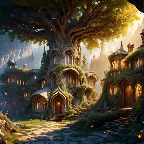 (masterpiece:1.2), (best quality,:1.2), 8k, HDR, ultra detailed, ((photorealistic)), professional light, cinematic lighting, fashion photography, ambient lighting, atmospheric effects, <lora:detail_slider_v4:3>, OverallDetail, a highly detailed WoodElf fantasy settlement (on a hill) in a sinister! forest, <lora:WoodElf-10:1>, epiCPhoto