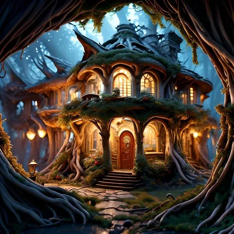 (masterpiece:1.2), (best quality,:1.2), 8k, HDR, ultra detailed, ((photorealistic)), professional light, cinematic lighting, fashion photography, ambient lighting, atmospheric effects, <lora:detail_slider_v4:3>, OverallDetail, a group of highly detailed small! individual WoodElf fantasy huts in a dark and sinister forest, <lora:WoodElf-10:1>,  epiCPhoto