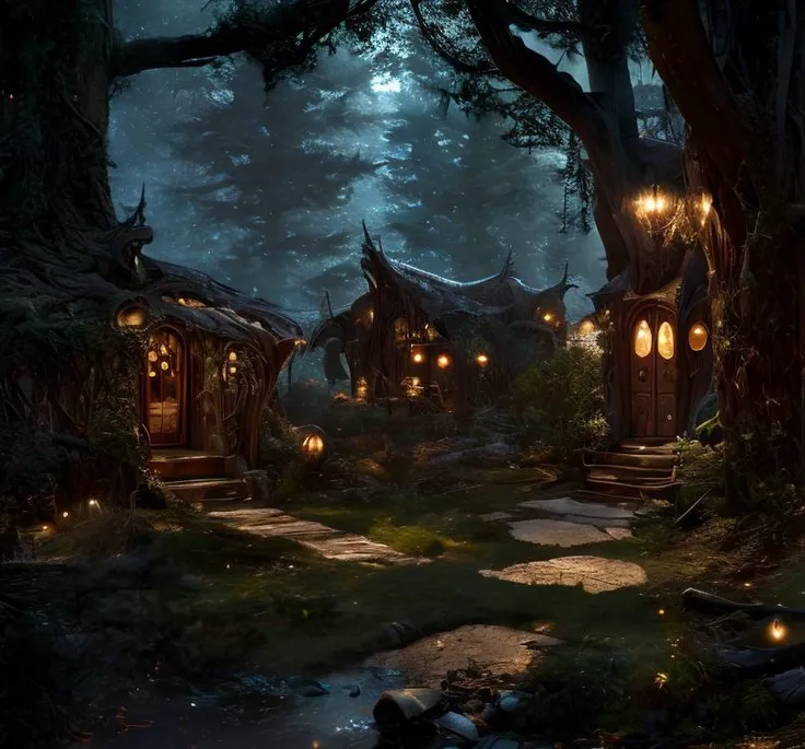 (masterpiece:1.2), (best quality,:1.2), 8k, HDR, ultra detailed, ((photorealistic)), professional light, cinematic lighting, fashion photography, ambient lighting, atmospheric effects, <lora:detail_slider_v4:3>, highly detailed WoodElf fantasy houses in a dark and sinister forest, lots of bushes and undergrowth, <lora:WoodElf-10:1>, ((perfect hands)), style-sylvamagic, epiCPhoto
