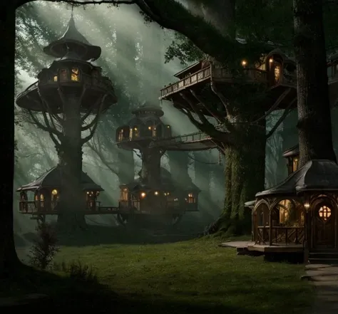 (masterpiece:1.2), (best quality,:1.2), 8k, HDR, ultra detailed, ((photorealistic)), professional light, cinematic lighting, fashion photography, ambient lighting, atmospheric effects, highly detailed WoodElf fantasy tree houses in a dark and sinister forest, <lora:WoodElf-10:1>, ((perfect hands)), epiCPhoto