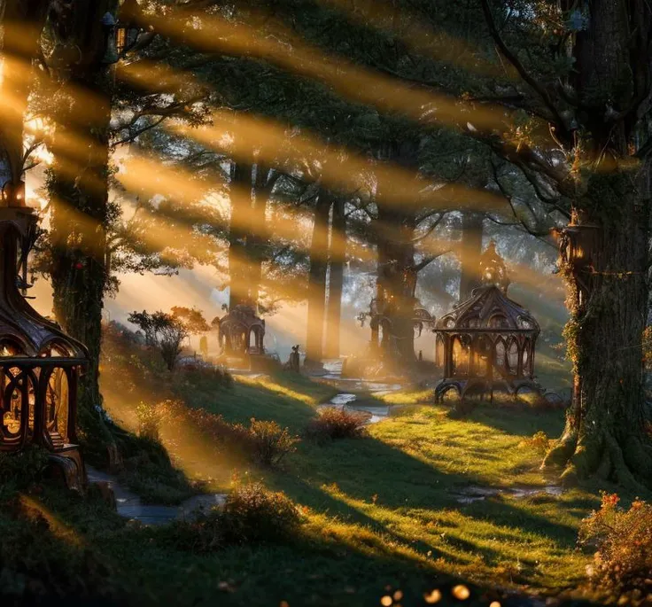 (masterpiece:1.2), (best quality,:1.2), 8k, HDR, ultra detailed, ((photorealistic)), professional light, cinematic lighting, fashion photography, ambient lighting, atmospheric effects, <lora:detail_slider_v4:3>, a highly detailed fantasy WoodElf settlement in a clearing, sunlight through the trees, godrays, <lora:WoodElf-10:1>, ((perfect hands)), style-sylvamagic, epiCPhoto