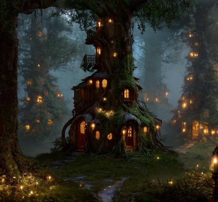 (masterpiece:1.2), (best quality,:1.2), 8k, HDR, ultra detailed, ((photorealistic)), professional light, cinematic lighting, fashion photography, ambient lighting, atmospheric effects, <lora:detail_slider_v4:3>, highly detailed WoodElf fantasytree houses in a dark and sinister forest, lots of bushes and undergrowth, <lora:WoodElf-10:1>, ((perfect hands)), style-sylvamagic, epiCPhoto