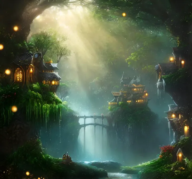 (masterpiece:1.2), (best quality,:1.2), 8k, HDR, ultra detailed, ((photorealistic)), professional light, cinematic lighting, fashion photography, ambient lighting, atmospheric effects, a highly detailed WoodElf fantasy settlement, magical waterfall, bridges, forest, castle, <lora:WoodElf-10:1>, ((perfect hands)), epiCPhoto