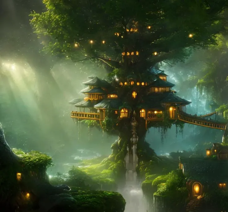 (masterpiece:1.2), (best quality,:1.2), 8k, HDR, ultra detailed, ((photorealistic)), professional light, cinematic lighting, fashion photography, ambient lighting, atmospheric effects, a highly detailed WoodElf fantasy settlement, tree houses, magical waterfall, bridges, forest, walls, <lora:WoodElf-10:1>, ((perfect hands)), epiCPhoto