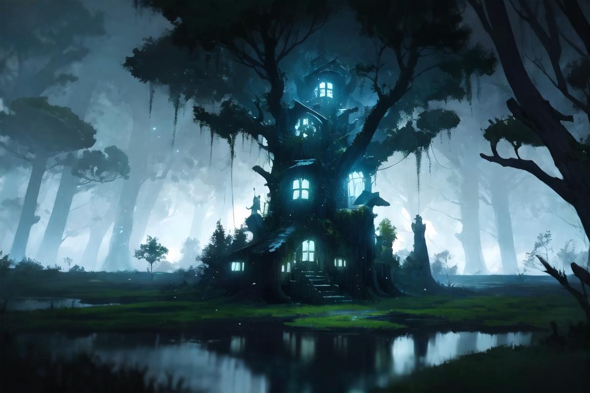 A tree house in the middle of a forest with a pond - SeaArt AI