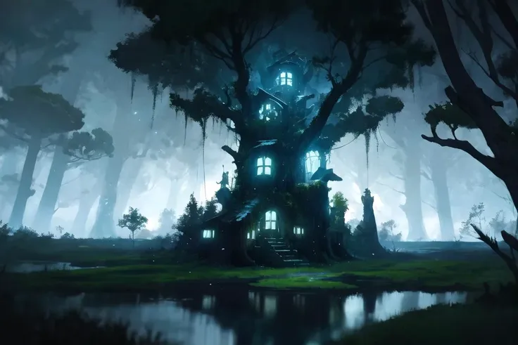 (best quality, ultra detailed, fantastic, beautiful), silhouette, WoodElf, tree houses, <lora:WoodElf:0.6>, waterside, (glowing:1.2) moss, (dark blue theme), light particles, cinematic light,