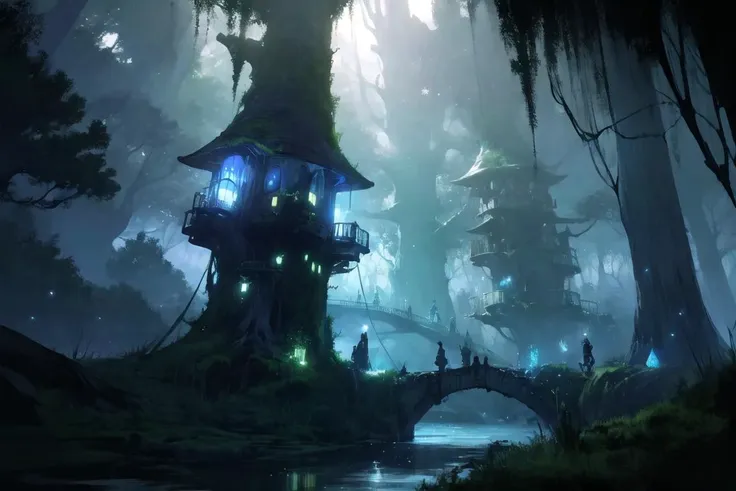 (best quality, ultra detailed, fantastic, beautiful), WoodElf, tree houses, bridge, <lora:WoodElf:0.6>, waterside, (glowing:1.2) moss, (dark blue theme), light particles, cinematic light, depth of field,