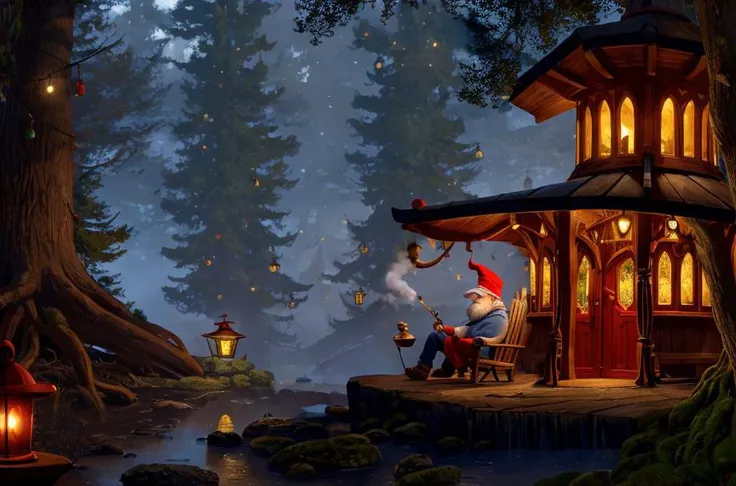 a gnome, wearing a long red hat, sits in a rocking chair, on his porch, smoking a pipe, ((perfect hands)), (masterpiece:1.2), (best quality,:1.2), 8k, HDR, ultra detailed, ((photorealistic)), professional light, cinematic lighting, fashion photography, ambient lighting, atmospheric effects, (masterpiece:1.3),(best quality:1.3),8k, highestres, absurdres, perfect composition, delicate, realistic proportions, ultra sharp, beautiful, stunning beauty, beautiful detailed eyes, textured skin, perfect face, Canon50, perfect shadows, symmetrical face,