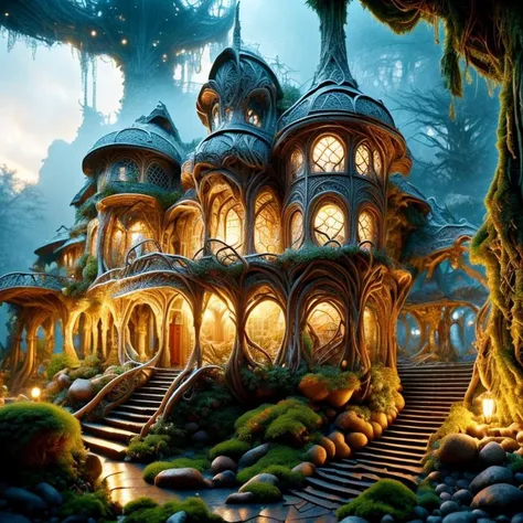 (masterpiece:1.2), (best quality,:1.2), 8k, HDR, ultra detailed, ((photorealistic)), professional light, cinematic lighting, fashion photography, ambient lighting, atmospheric effects, <lora:detail_slider_v4:3>, OverallDetail, a highly detailed WoodElf fantasy settlement (on a hill) in a gloomy and eerie forest, <lora:WoodElf-10:1>, <lora:DonM3lv3nM4g1c-000005:0.76>, DonM3lv3nM4g1c, epiCPhoto