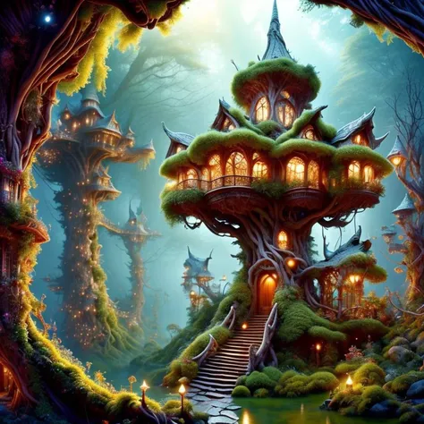 (masterpiece:1.2), (best quality,:1.2), 8k, HDR, ultra detailed, ((photorealistic)), professional light, cinematic lighting, fashion photography, ambient lighting, atmospheric effects, <lora:detail_slider_v4:3>, OverallDetail, highly detailed WoodElf fantasy tree houses with rope bridges between, in an eerie and gloomy forest, lots of bushes and undergrowth, <lora:WoodElf-10:1>, ((perfect hands)), style-sylvamagic, <lora:DonM3lv3nM4g1c-000005:0.76>, DonM3lv3nM4g1c, epiCPhoto