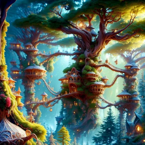 (masterpiece:1.2), (best quality,:1.2), 8k, HDR, ultra detailed, ((photorealistic)), professional light, cinematic lighting, fashion photography, ambient lighting, atmospheric effects, <lora:detail_slider_v4:3>, OverallDetail, a highly detailed WoodElf fantasy settlement, many high trees with small! magical tree houses, connected by bridges, waterfall, eerie forest, walls, <lora:WoodElf-10:1>, style-sylvamagic, <lora:DonM3lv3nM4g1c-000005:0.76>, DonM3lv3nM4g1c, epiCPhoto