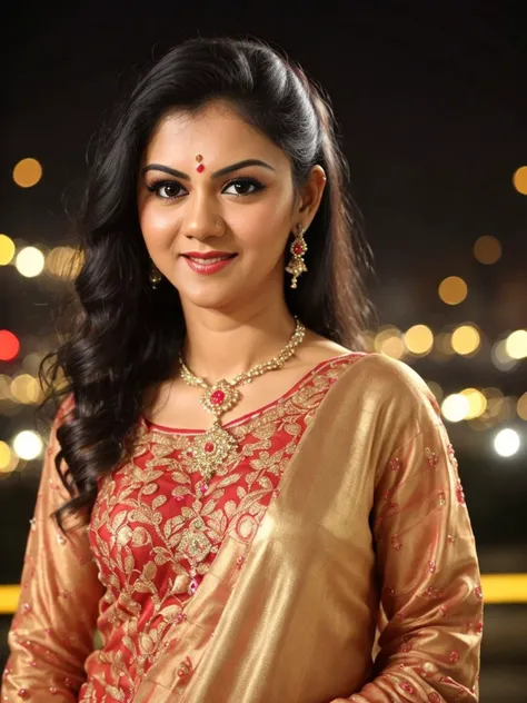 a photo of a woman, kmna, professional close up headshot, smiling, night time, indian clothing, intricate jewelry city light bokeh <lyco:Kamna_LoHa:1>,