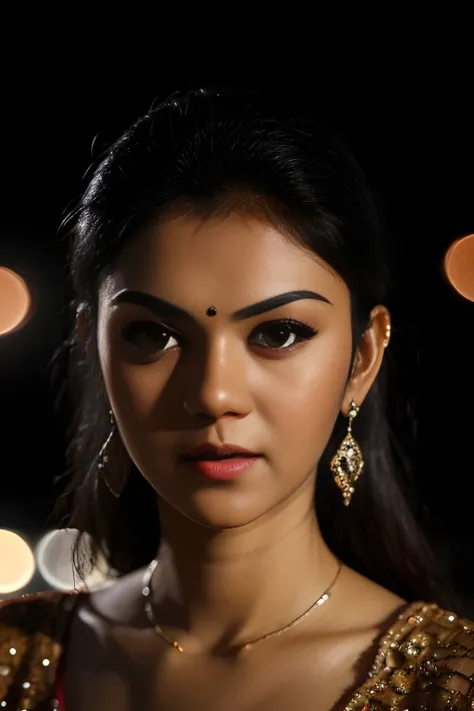 a photo of a woman, kmna, professional close up headshot, night time, indian clothing, perfect eyes, intricate jewelry city light bokeh, skindentation, <lyco:Kamna_grouped_LoHa:1>,