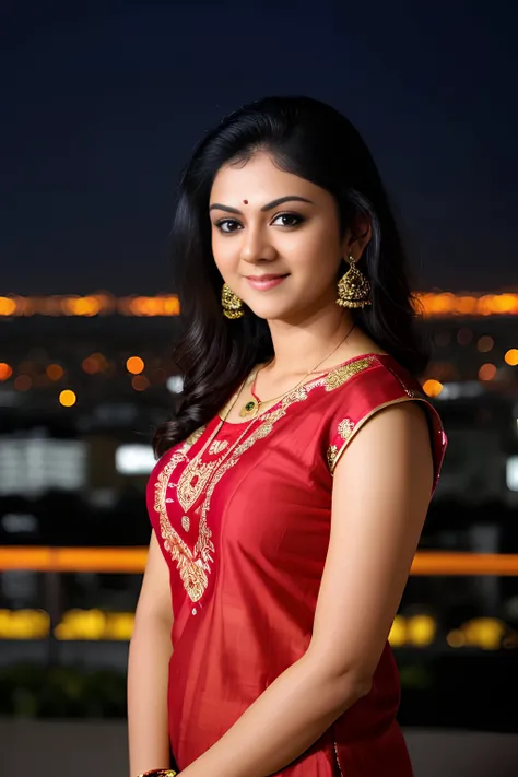 a photo of a woman, kmna, professional close up headshot, smiling, night time, indian clothing, intricate jewelry city light bokeh <lyco:Kamna_grouped_LoHa:1>,