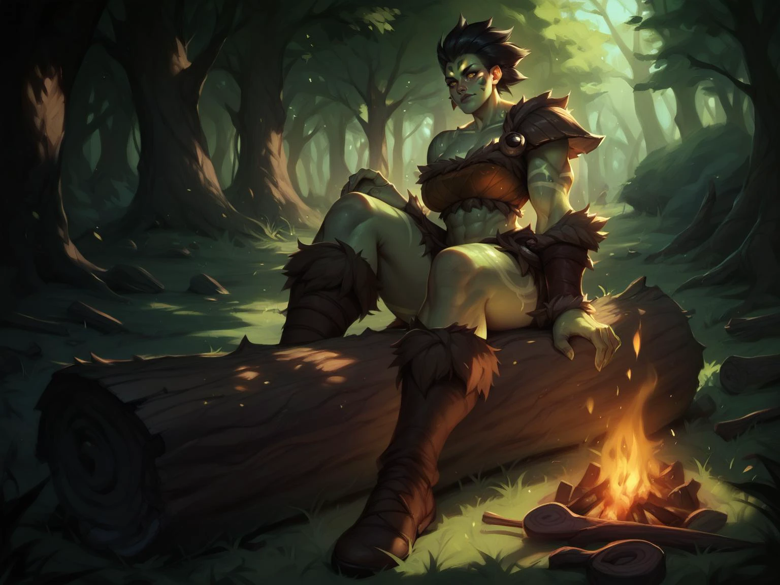 adult woman, warrior, large breasts, muscular body, tribal armor, green skin, yellow eyes, black hair, grass, sitting on a log, forest, campfire, deep woods backgrounds, <lora:LeagueOfLegendsV2:0.8>, score_9, score_8_up, score_7_up, score_6_up