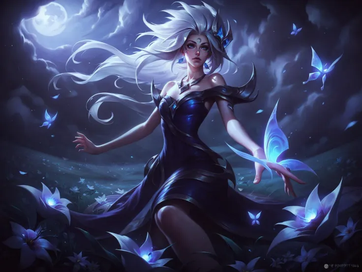 1girl, alune_\(league_of_legends\), white hair, long hair, blue eyes, dress, black dress|purple dress, multicolored dress, bare foot, bare shoulders, collarbone, necklace, flower field, night, shade, clouds, moonlight, moon, blue grass, flowers, blue butterfly, front view, fluttering hair, <lora:LOLmerge:0.8>, score_9, score_8_up, score_7_up, score_6_up