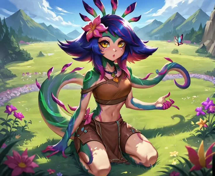 score_9, score_8_up, score_7_up, score_6_up, score_5_up, score_4_up, source_anime, <lora:LeagueOfLegendsV4:0.7>
BREAK
, flower field, shade, clouds, grass, flowers, butterfly
BREAK
<lora:neeko-xl-nvwls-v1:0.9> ,1girl, neeko, multicolored hair, colored skin, facial mark, forehead mark, hair ornament, lizard tail, hair flower, necklace, (brown crop top:1.1), midriff, brown clothes, loincloth,
looking at viewer,