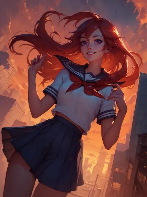 young woman, medium breasts, purple eyes, red hair, long hair, school uniform, city, looking at viewer, dusk, orange sky, smiling, dynamic angle, solo, clouds, <lora:LeagueOfLegends-000008:0.8>, score_9, score_8_up, score_7_up, score_6_up