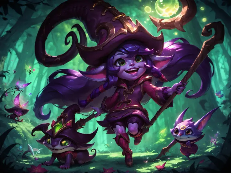 league of legends style, lulu \(league of legends\), hat, 1girl, purple hair, green eyes, fairy, yordle, purple skin, long hair, staff, open mouth, forest, witch hat, nature, smile, colored skin, <lora:LeagueOfLegendsV4:0.8>, score_8_up, score_7_up