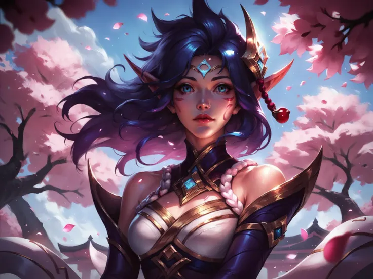 league of legends style, janna \(league of legends\), 1girl, floating hair, elf, elbow gloves, bare shoulders, solo, detailed face, looking at viewer, cowboy shot, upper body, sky, cherry blossoms, petal, flower, <lora:LeagueOfLegendsV4:0.8>, score_8_up, score_7_up